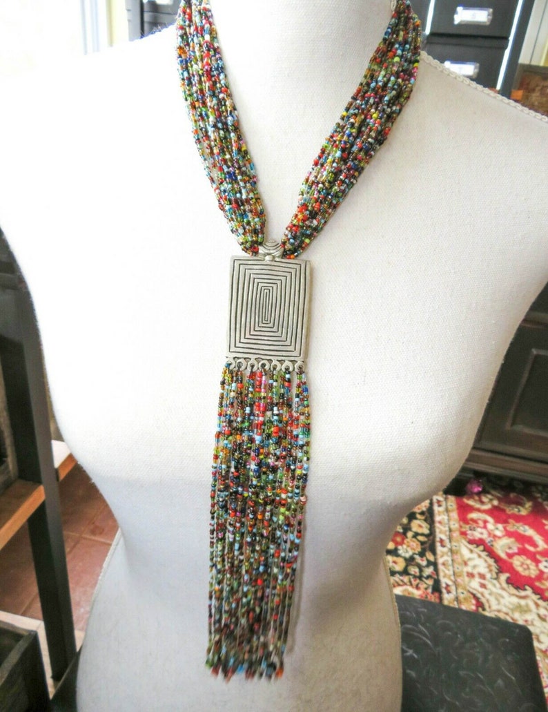 Vintage Huge Layered Multi-Color Glass Bead Silver Boho Statement Necklace P7