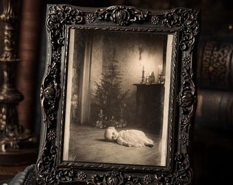 Creepy Christmas Doll on Floor  Art Print Gothic Vintage Spooky Holiday Wall Art Sepia Photography