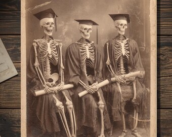 Vintage Victorian Skeleton Graduates Trio Graduation Card Gothic Macabre Art Antique Style Photography Blank Inside