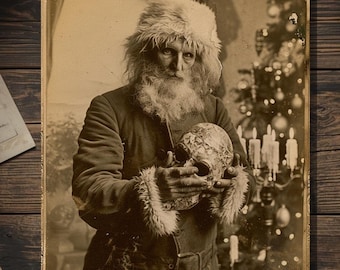 Vintage Victorian Santa Holding Skull Christmas Card Gothic Holiday Art Antique Style Photography Blank Inside