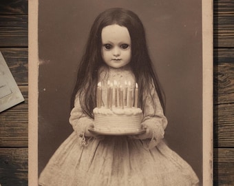 Vintage Victorian Creepy Doll Birthday Card Gothic Macabre Horror Cute Antique Style Photography Blank Inside