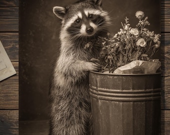 Victorian Raccoon With Flowers Greeting Card Gothic Antique Style Sepia Raccoon Card