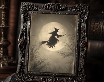 Vintage Victorian Flying Witch Gothic Full Moon Silhouette Antique Style Wall Art  Print