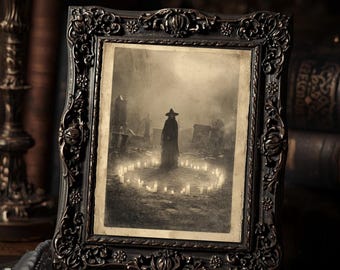 Witch In Candle Circle Gothic Halloween Wall Art Print  Sepia Vintage Creepy Ritual Witch Photograph Spooky Occult Decor