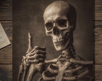 Vintage Victorian Skeleton Thumbs Up Thank You Congratulations Card Gothic Macabre Art Antique Style Photography Blank Inside