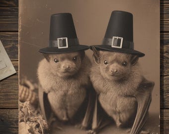 Vintage Gothic Thanksgiving Bat Card Victorian Style Pilgrim Harvest Blank Inside