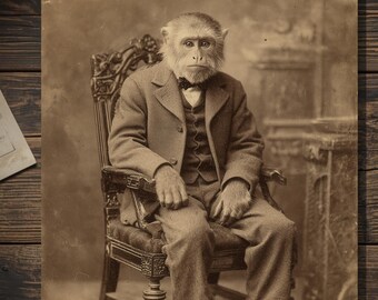 Victorian Monkey Gentleman Portrait Greeting Card Funny Antique Animal Blank Card