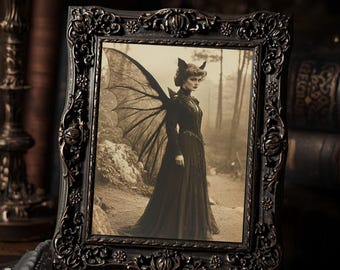 Victorian Bat Wing Woman  Gothic Dark Fairy Sepia Vintage Style Art Print Weird Fantasy Wall Decor