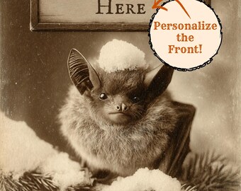 Personalized Vintage Victorian Bat Christmas Card Custom Message Cute Winter Holiday Bat Gift