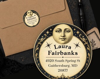 Personalized Vintage Moon Return Address Labels Victorian Celestial Stars Custom Round Stickers