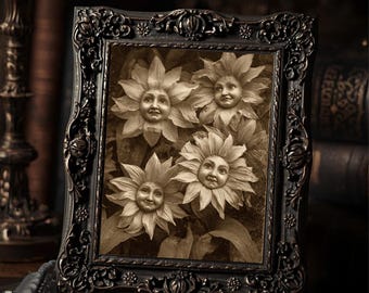 Victorian Sunflower Faces Print Gothic Surreal Wall Art Antique Sepia Floral Decor