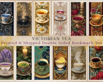 Victorian Tea Bookmark Set Gothic Illuminated Cup Designs Ornate Filigree Antique Floral Art Double Sided Choose 4, 8, or 12 Printed