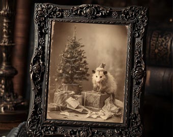 Vintage Victorian Christmas Opossum Santa Hat Holiday Animal Wall Art Print