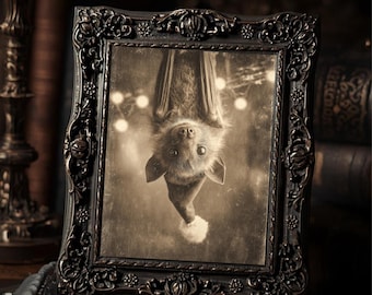 Gothic Christmas Bat Upside Down In Santa Hat Dark Cute Winter  Art Print Sepia Vintage Macabre Holiday Wall Decor