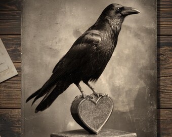 Vintage Victorian Raven with Heart Box Valentine Card Gothic Macabre Antique Cabinet Photo Blank Inside