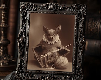 Victorian Bat With Yarn Art Print Antique Style Sepia Bat Portrait Gothic Wall Print