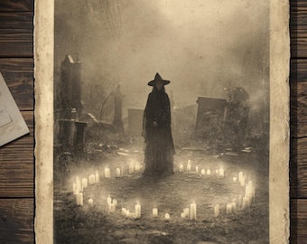 Witch In Candle Circle Gothic Halloween Greeting Card Vintage Sepia Creepy Ritual Witch Photograph Spooky Occult Stationery Blank Inside