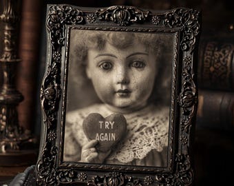 Creepy Vintage Doll Try Again Gothic Dark Humor  Art Print Sepia Macabre Oddities Wall Decor
