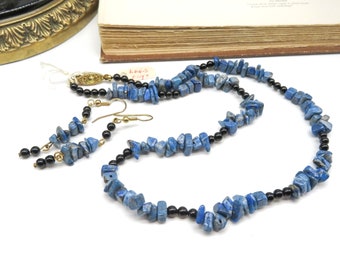 Vintage Blue Lapis Lazuli Black Onyx Bead Necklace Earrings Set NN61