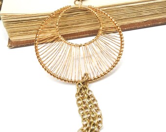 Retro 80s Two-Tone Gold Tone Modernist Wire Wrap Tassel Pendant Necklace RR53