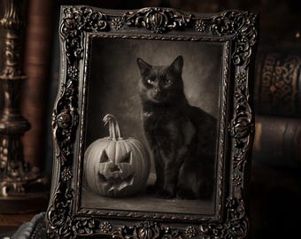 Vintage Victorian Black Cat And Jack O Lantern Halloween Art Print Gothic Spooky Antique Style Wall Decor