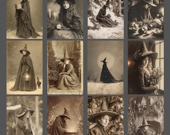 Yule Witch Notecard Set of 12 Victorian Winter Witch Stationery Vintage Gothic Christmas Blank Note Cards
