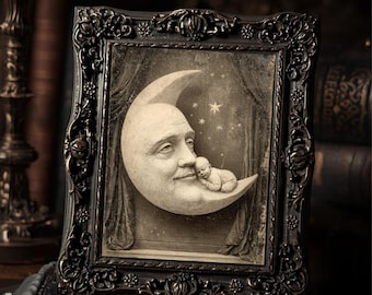 Vintage Victorian Crescent Moon And Sleeping Baby Dreamy Surreal Night Sky  Art Print Antique Style Nursery Wall Decor