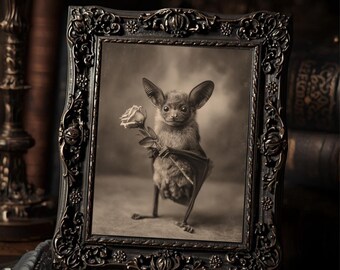 Gothic Bat With Rose Dark Romantic Antique Style  Art Print Sepia Vintage Macabre Victorian Bat Lover Wall Decor