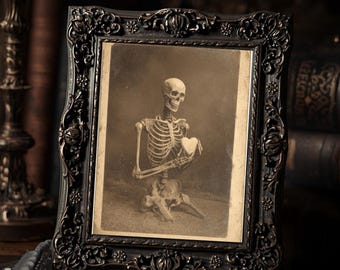 Skeleton Offering Heart Dark Valentine Gothic Antique Style Macabre Romantic Art Print  Wall Decor