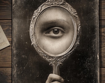 Vintage Victorian Mirror Eye Gothic Blank Card Creepy Reflection Dark Surreal Greeting