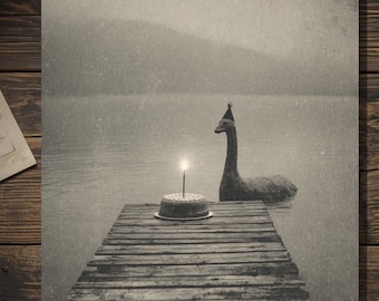 Vintage Victorian Loch Ness Monster Birthday Card Gothic Cryptid Antique Style Photography Blank Inside