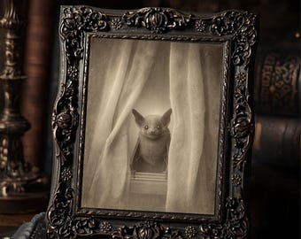 Vintage Victorian Bat Peeking Through Curtains Gothic Cute Animal Antique Style Photo  Print