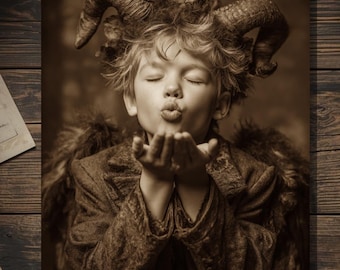 Vintage Victorian Demon Child Blowing Kiss Thank You Congratulations Card Gothic Macabre Art Antique Style Photography Blank Inside