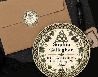 Personalized Celtic Return Address Labels Vintage Irish Thistle Trinity Knot Custom Round Stickers