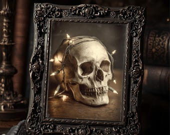 Gothic Skull Holiday Art Print Vintage Lights Victorian Style Wall Print