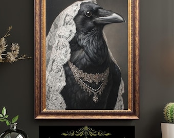 Victorian Lady Crow Portrait Lace Veil Vintage Bird Art Gothic Anthropomorphic Fine Art Oil Style Print