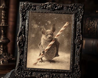 Gothic Christmas Bat With Candy Cane Dark Cute Winter  Art Print Sepia Vintage Macabre Holiday Wall Decor