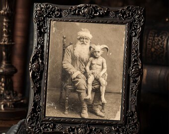 Creepy Demon Child With Santa Christmas Print  Gothic Holiday Wall Art Macabre Antique Style Photograph