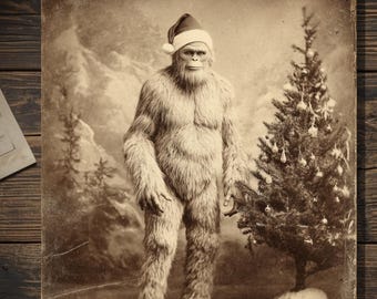 Vintage Victorian Bigfoot Santa Hat Christmas Card Funny Gothic Sasquatch Holiday Greeting