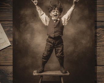 Vintage Victorian Devil Horns Kid Thank You Congratulations Card Gothic Macabre Art Antique Style Photography Blank Inside
