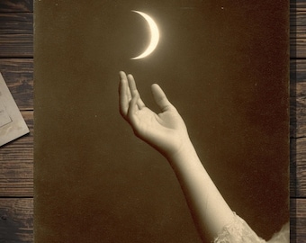 Vintage Victorian Crescent Moon Hand Card Gothic Celestial Antique Style Photography Blank Inside