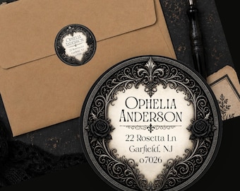 Personalized Gothic Victorian Black Rose Return Address Labels Custom Round Stickers