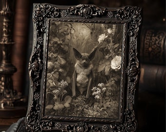 Victorian Bat In Rose Garden Art Print Antique Style Sepia Bat Portrait Gothic Print