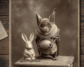 Vintage Gothic Easter Bat and Rabbit Greeting Card Victorian Style Dark Holiday Gift Art Blank Inside