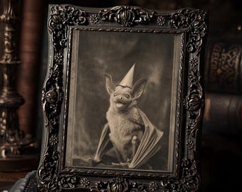 Gothic Birthday Bat In Party Hat Dark Cute  Art Print Sepia Vintage Macabre Funny Wall Decor