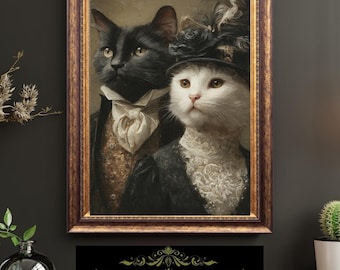 Victorian Cat Couple Portrait Vintage Feline Art Elegant Anthropomorphic Fine Art Oil Style Print