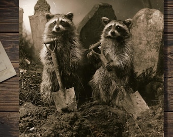 Vintage Victorian Raccoon Grave Diggers Halloween Card Spooky Cemetery Gothic Antique Style Photography Blank Inside