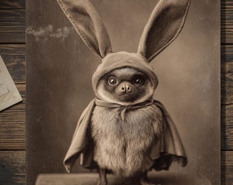 Vintage Gothic Bat in Bunny Costume Easter Card Victorian Style Holiday Art Blank Inside