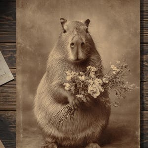 Capybara Holding Flower Bouquet Victorian Animal Greeting Card Weird Love Valentine's Card