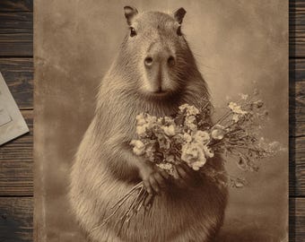 Capybara Holding Flower Bouquet Victorian Animal Greeting Card Weird Love Valentine's Card
